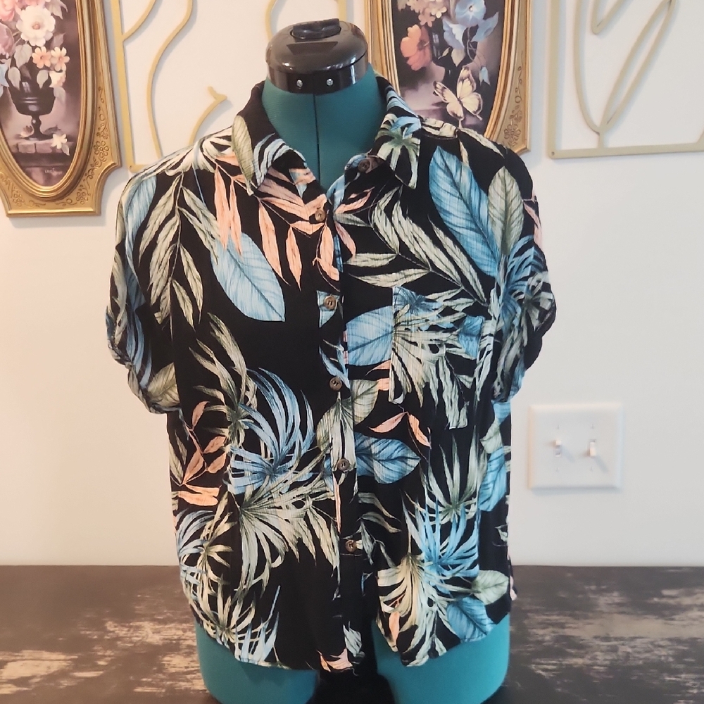 Moa Moa Black Tropical Button Down Shirt